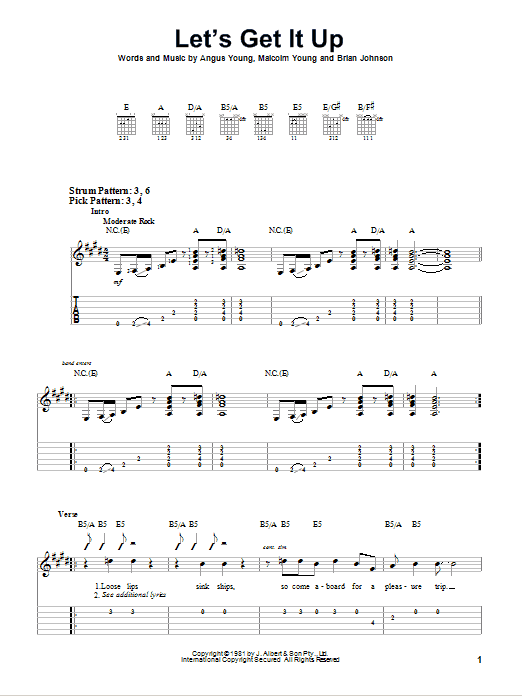 AC/DC Let's Get It Up sheet music notes and chords arranged for Easy Guitar Tab