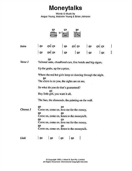 AC/DC Moneytalks sheet music notes and chords arranged for Guitar Chords/Lyrics