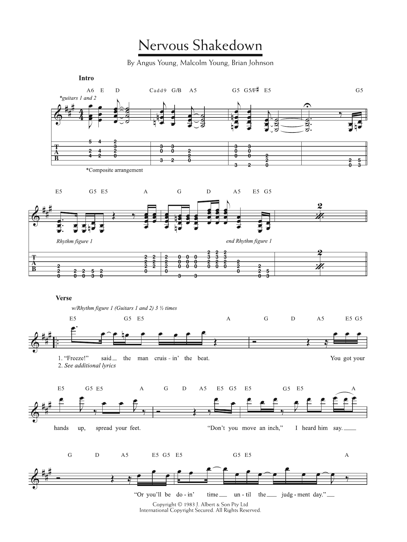 AC/DC Nervous Shakedown sheet music notes and chords arranged for Guitar Chords/Lyrics