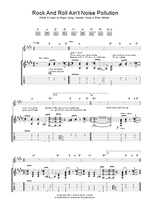 AC/DC Rock And Roll Ain't Noise Pollution sheet music notes and chords arranged for Bass Guitar Tab