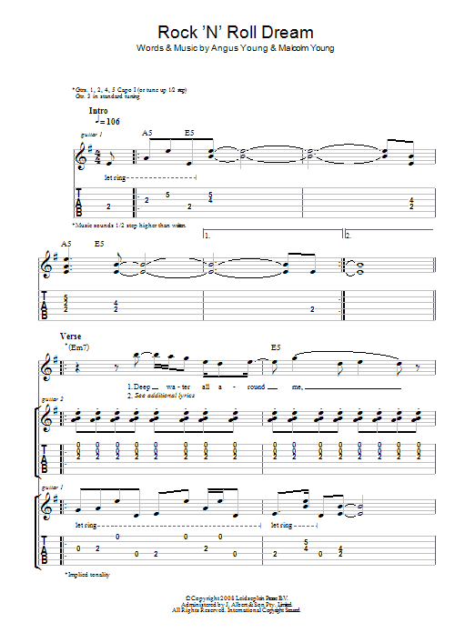 AC/DC Rock 'N' Roll Dream sheet music notes and chords arranged for Guitar Tab