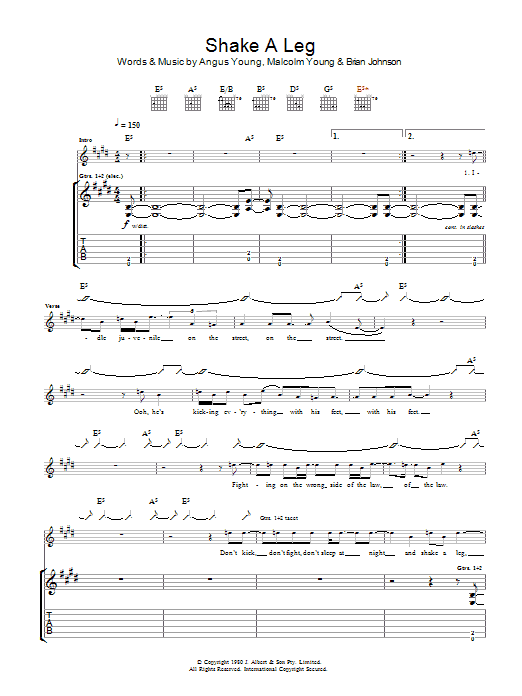 AC/DC Shake A Leg sheet music notes and chords arranged for Guitar Chords/Lyrics