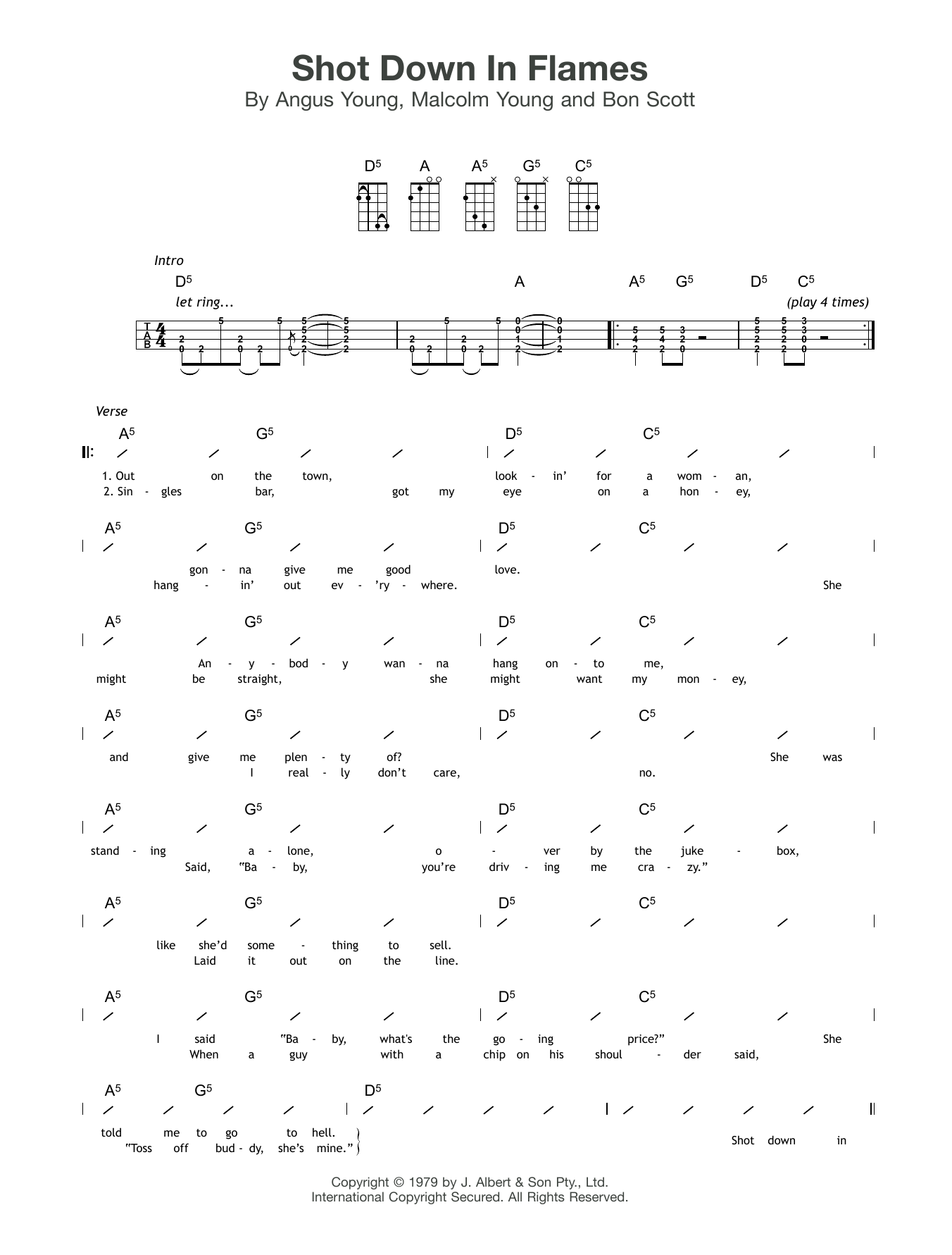 AC/DC Shot Down In Flames sheet music notes and chords arranged for Ukulele Chords/Lyrics