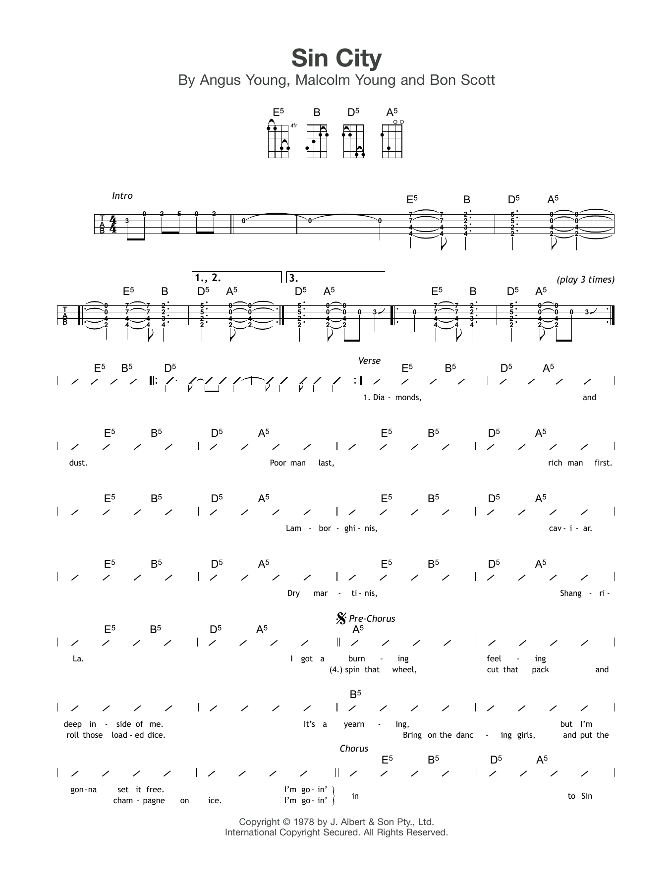 AC/DC Sin City sheet music notes and chords arranged for Ukulele Chords/Lyrics