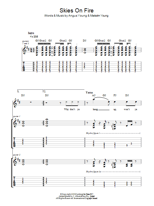 AC/DC Skies On Fire sheet music notes and chords arranged for Guitar Tab