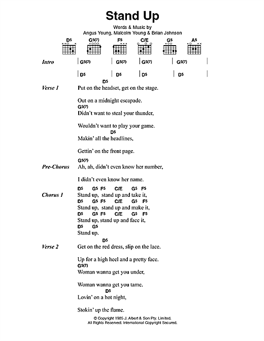AC/DC Stand Up sheet music notes and chords arranged for Guitar Chords/Lyrics