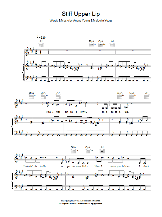 AC/DC Stiff Upper Lip sheet music notes and chords arranged for Piano, Vocal & Guitar Chords (Right-Hand Melody)