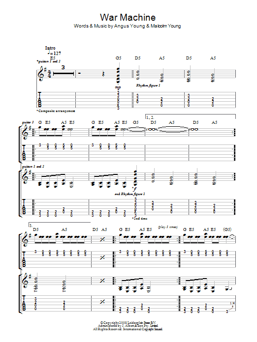 AC/DC War Machine sheet music notes and chords arranged for Guitar Tab