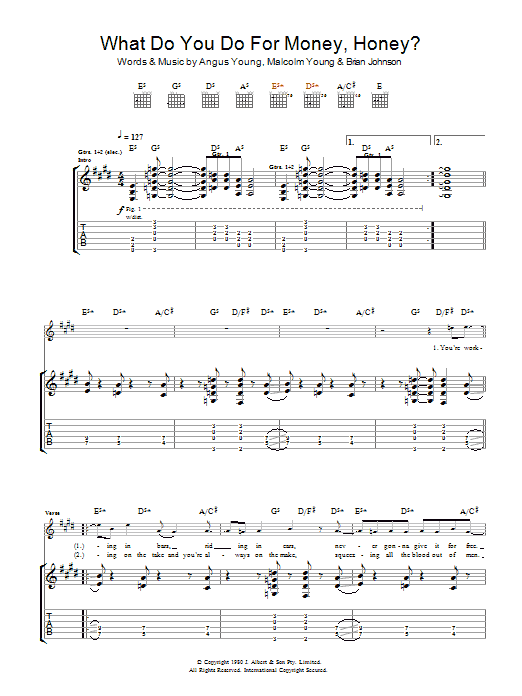 AC/DC What Do You Do For Money, Honey? sheet music notes and chords arranged for Guitar Tab