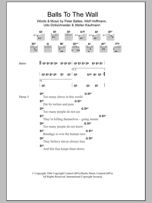 Accept Balls To The Wall sheet music notes and chords arranged for Guitar Chords/Lyrics