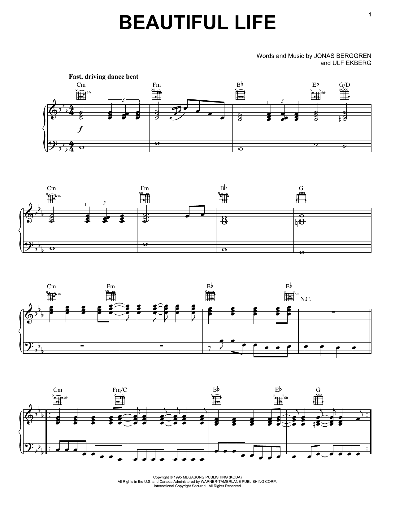 Ace Of Base Beautiful Life sheet music notes and chords arranged for Piano, Vocal & Guitar Chords (Right-Hand Melody)