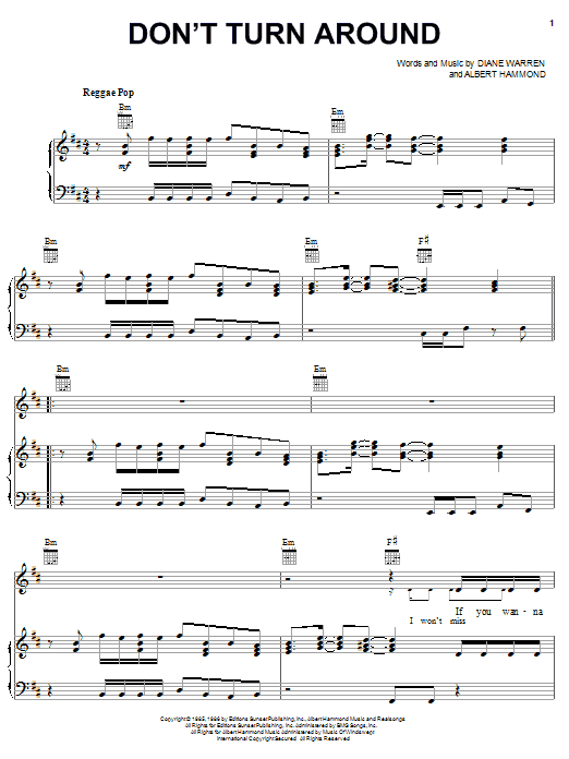 Ace Of Base Don't Turn Around sheet music notes and chords arranged for Piano, Vocal & Guitar Chords (Right-Hand Melody)