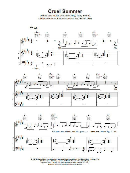 Ace Of Base Cruel Summer sheet music notes and chords arranged for Piano, Vocal & Guitar Chords