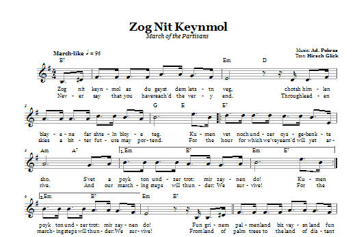 Ad. Pokras Zog Nit Keynmol (March Of The Partisans) sheet music notes and chords arranged for Lead Sheet / Fake Book