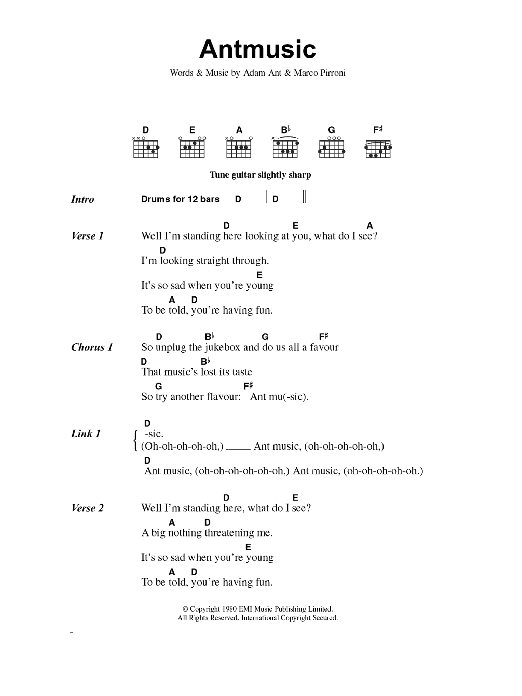 Adam and the Ants Antmusic sheet music notes and chords arranged for Guitar Chords/Lyrics