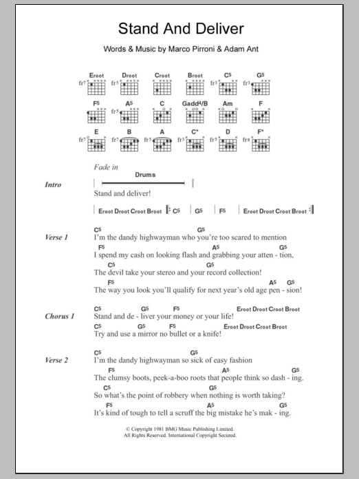 Adam and the Ants Stand And Deliver sheet music notes and chords arranged for Guitar Chords/Lyrics