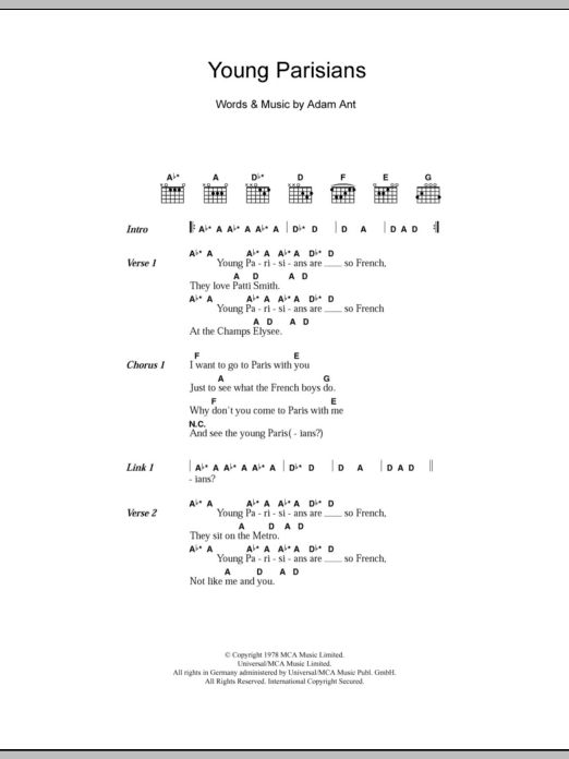 Adam and the Ants Young Parisians sheet music notes and chords arranged for Guitar Chords/Lyrics
