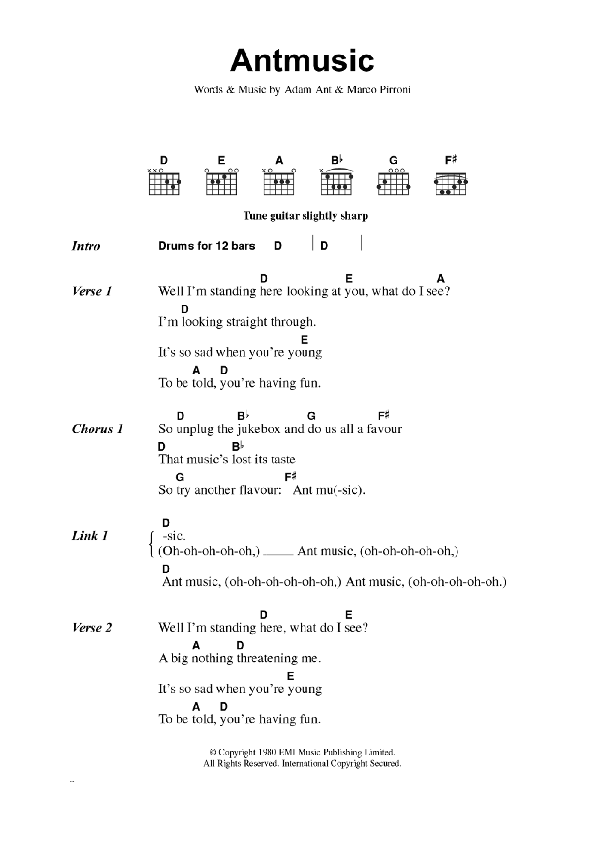 Adam And The Ants Antmusic sheet music notes and chords arranged for Guitar Chords/Lyrics