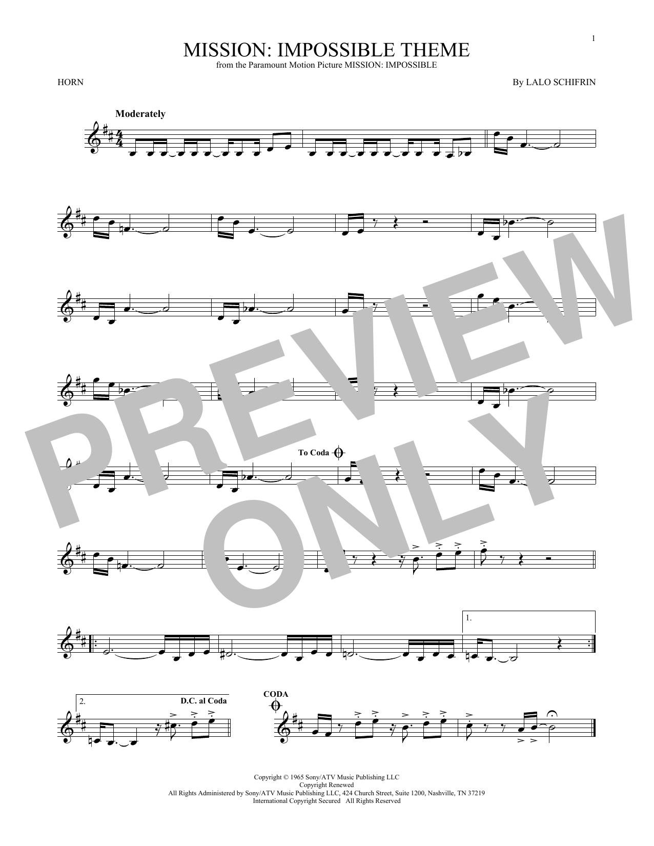 Adam Clayton and Larry Mullen Mission: Impossible Theme sheet music notes and chords arranged for French Horn Solo
