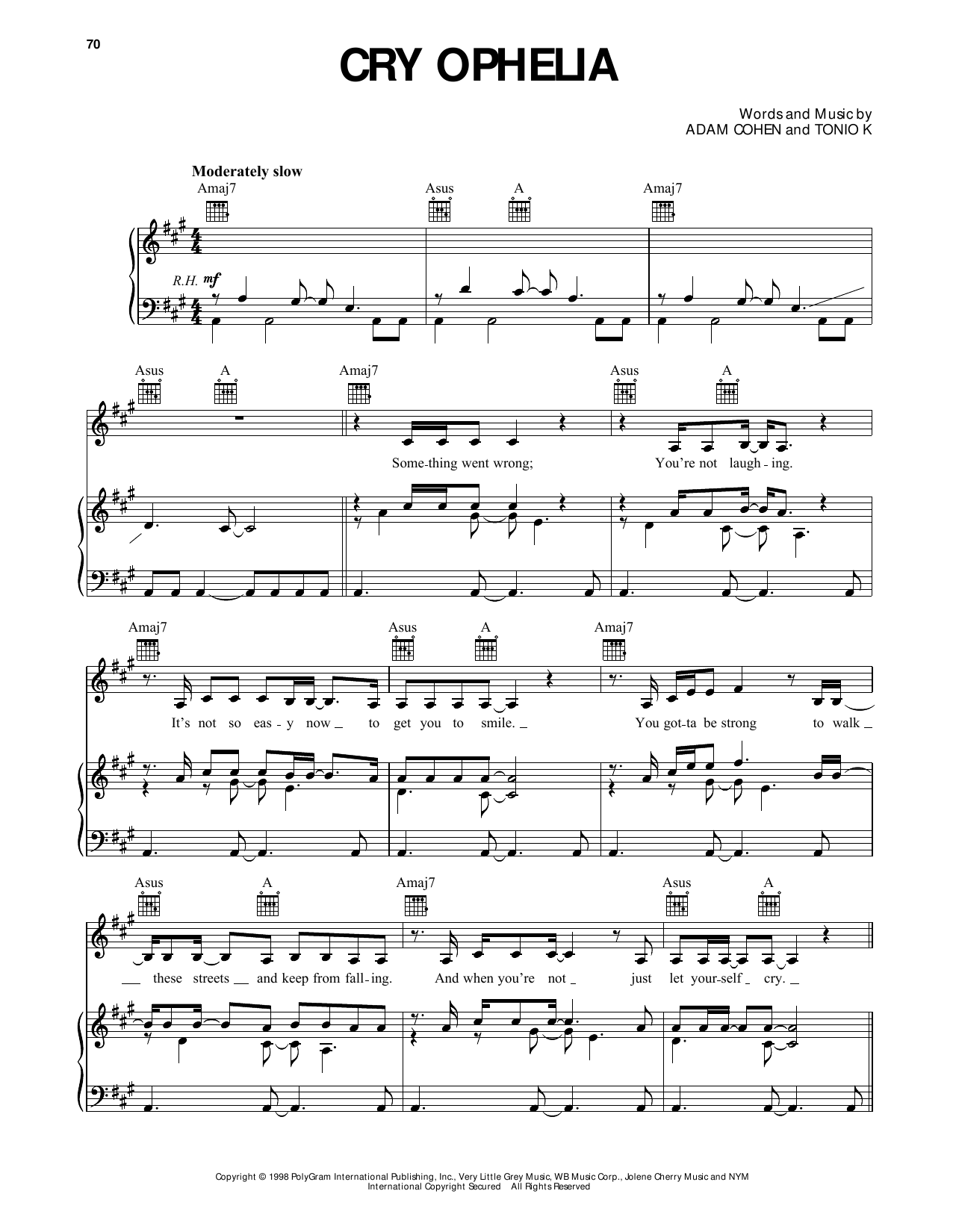 Adam Cohen Cry Ophelia (from Dawson's Creek) sheet music notes and chords arranged for Piano, Vocal & Guitar Chords (Right-Hand Melody)