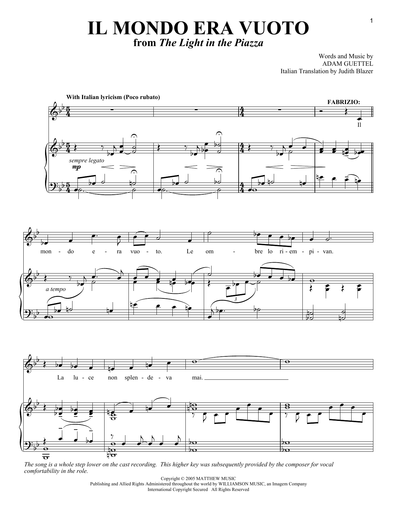 Adam Guettel Il Mondo Era Vuoto (from The Light In The Piazza) sheet music notes and chords arranged for Piano & Vocal