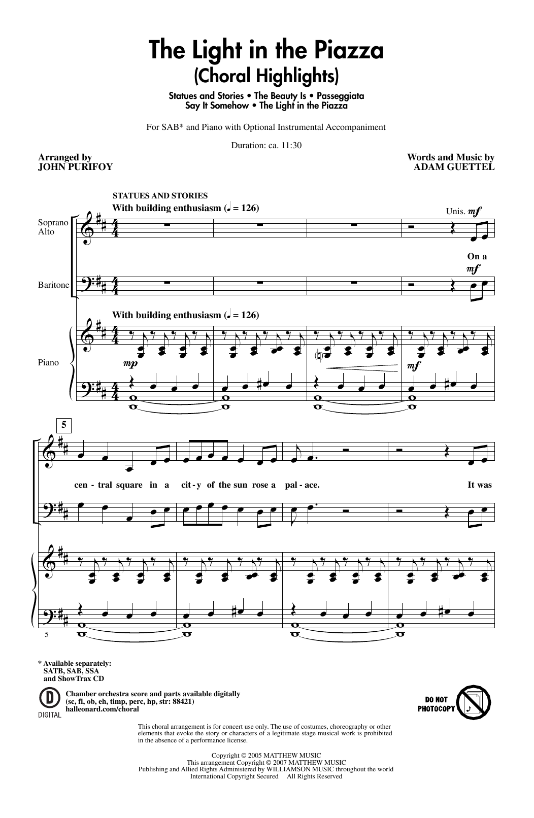 Adam Guettel The Light In The Piazza (Choral Highlights) (arr. John Purifoy) sheet music notes and chords arranged for SAB Choir