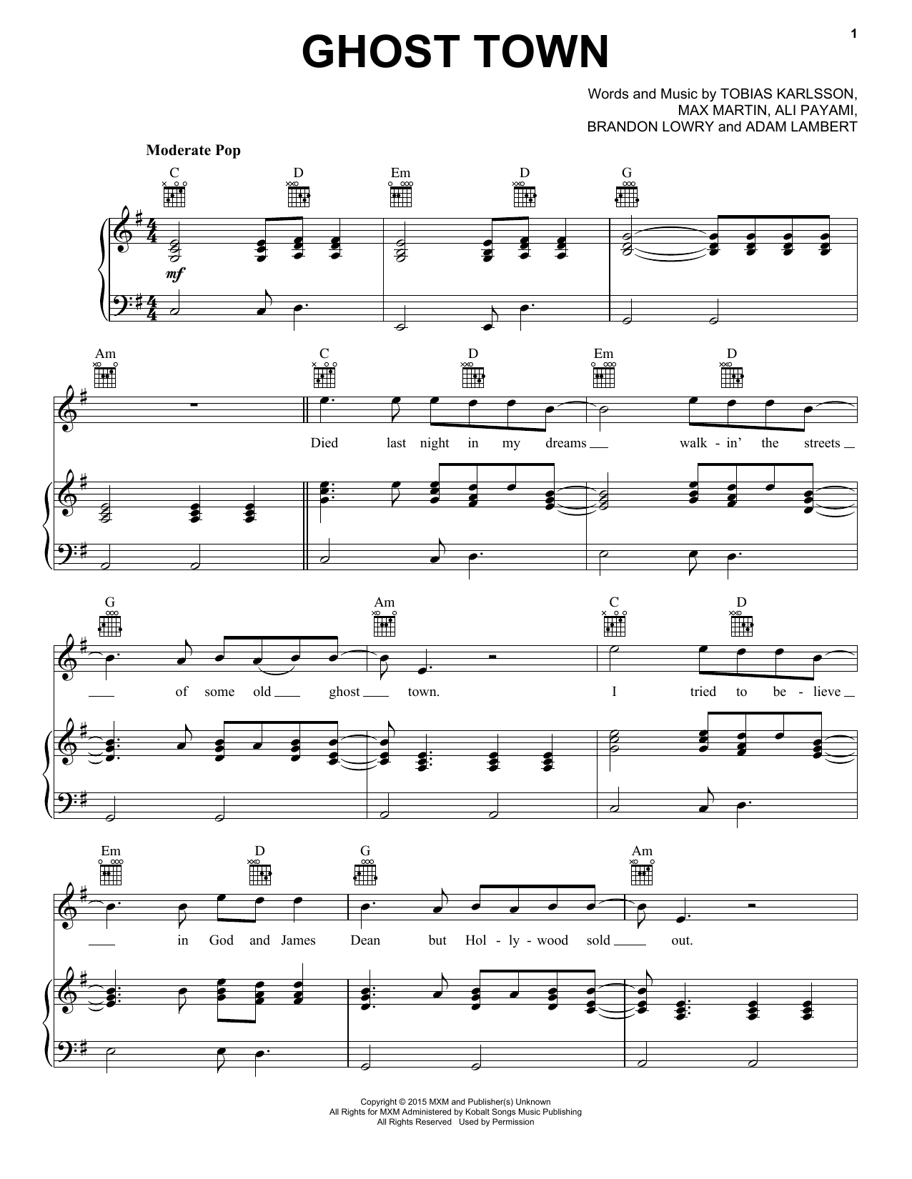 Adam Lambert Ghost Town sheet music notes and chords arranged for Piano, Vocal & Guitar Chords (Right-Hand Melody)