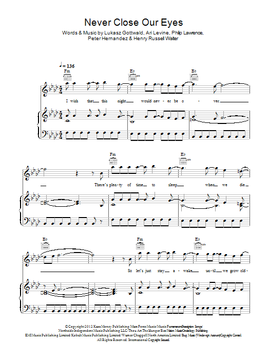 Adam Lambert Never Close Our Eyes sheet music notes and chords arranged for Piano, Vocal & Guitar Chords