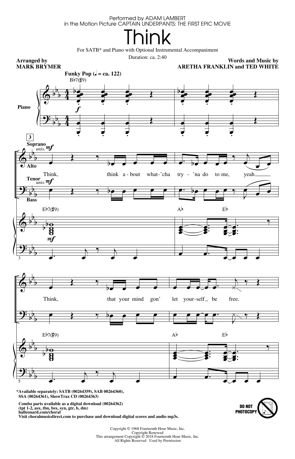 Adam Lambert Think (from Captain Underpants: The First Epic Movie) (Arr. Mark Brymer) sheet music notes and chords arranged for SATB Choir