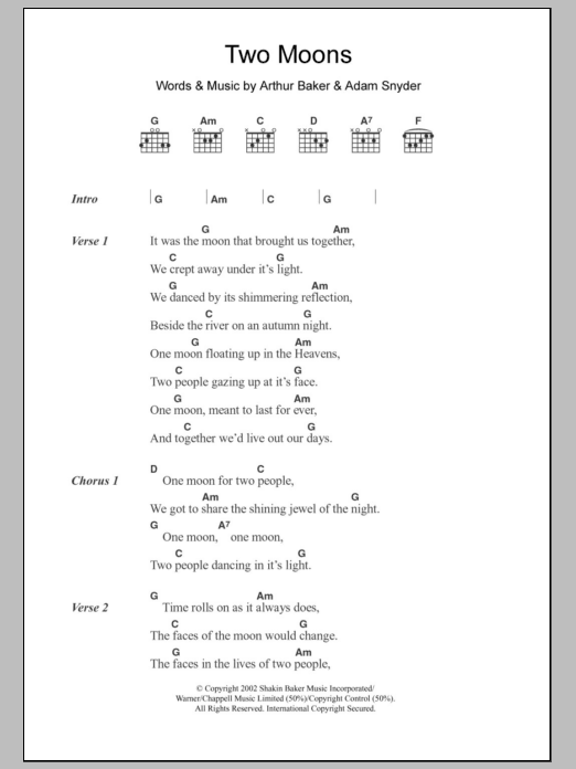 Adam Snyder Two Moons sheet music notes and chords arranged for Guitar Chords/Lyrics