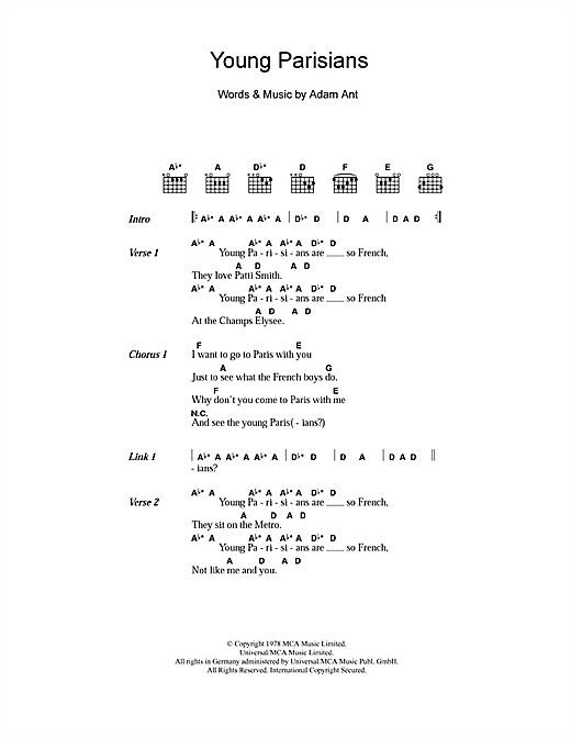 Adam and the Ants Young Parisians sheet music notes and chords arranged for Guitar Chords/Lyrics