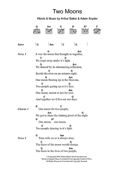Adam Snyder Two Moons sheet music notes and chords arranged for Guitar Chords/Lyrics