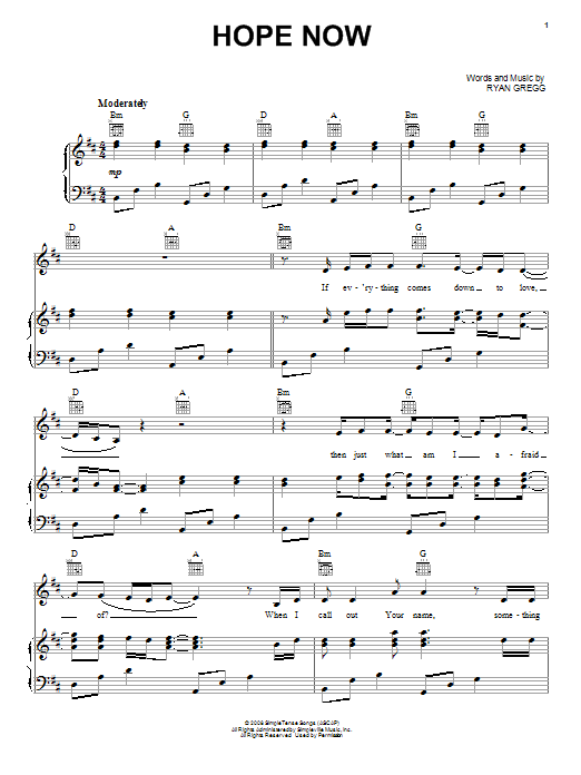Addison Road Hope Now sheet music notes and chords arranged for Piano, Vocal & Guitar Chords (Right-Hand Melody)