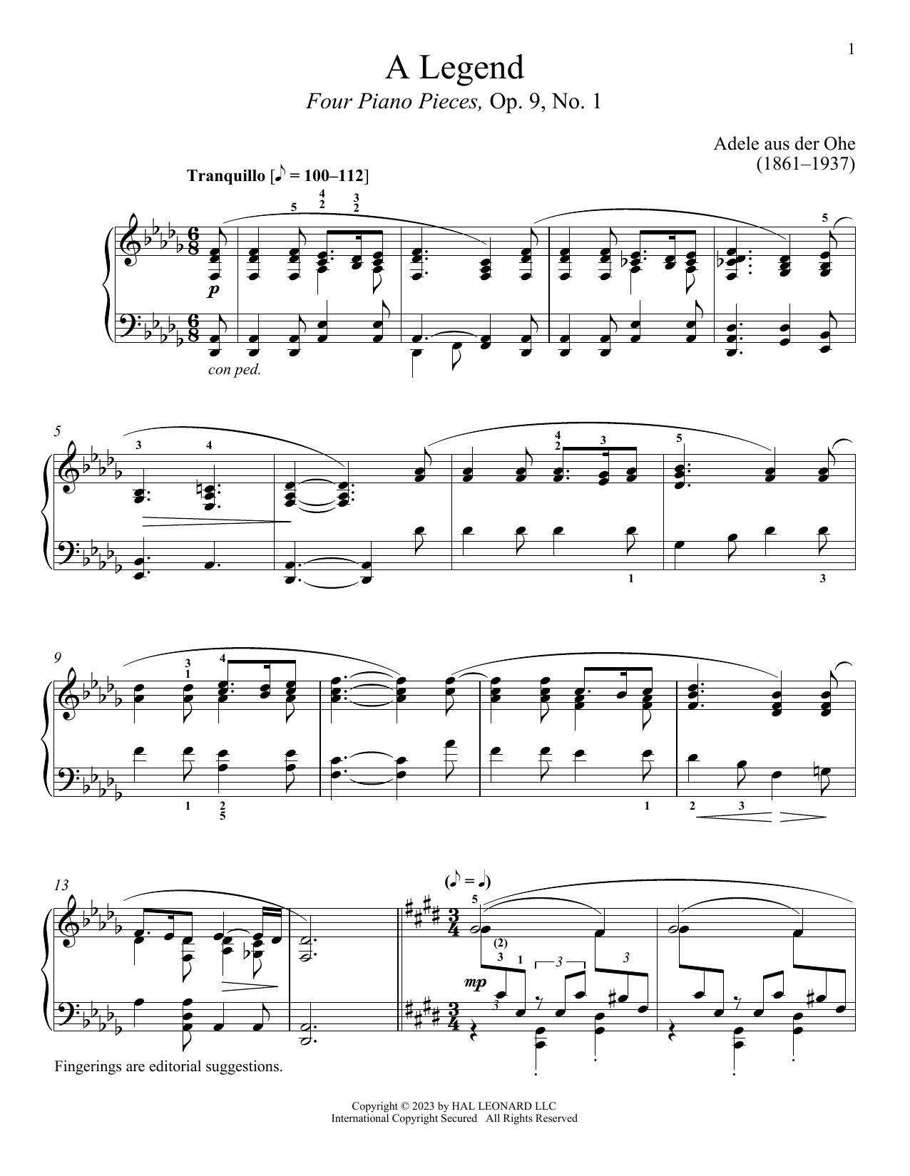 Adele aus der Ohe A Legend sheet music notes and chords arranged for Piano Solo