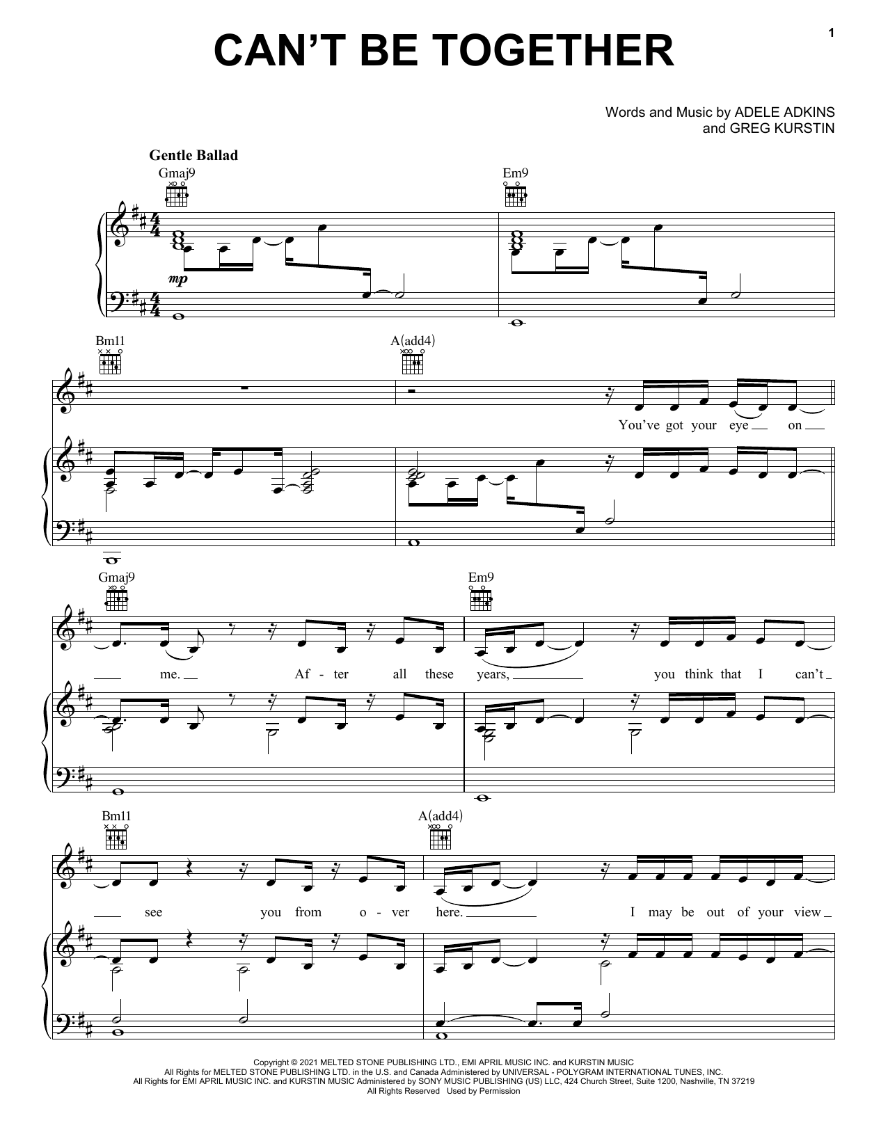 Adele Can't Be Together sheet music notes and chords arranged for Piano, Vocal & Guitar Chords (Right-Hand Melody)