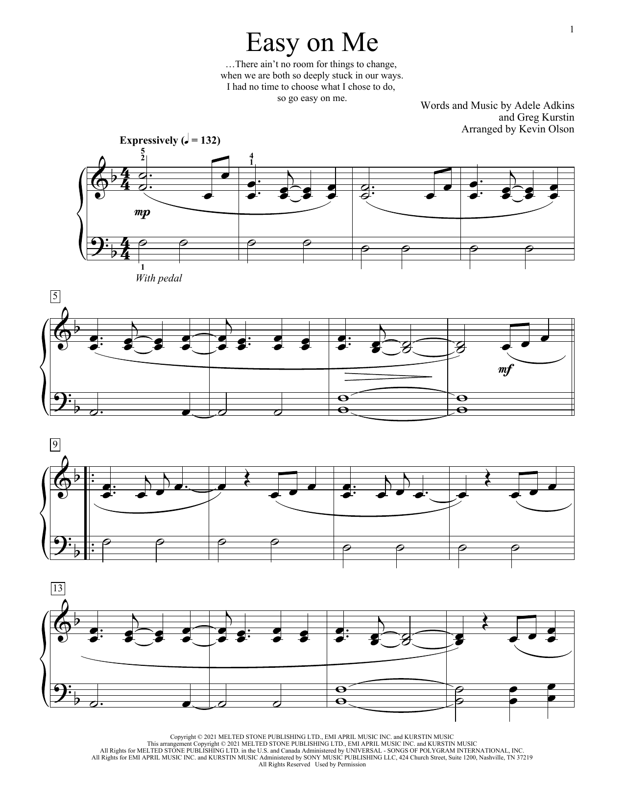Adele Easy On Me (arr. Kevin Olson) sheet music notes and chords arranged for Educational Piano