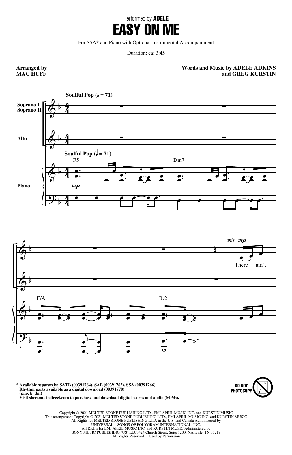 Adele Easy On Me (arr. Mac Huff) sheet music notes and chords arranged for SAB Choir