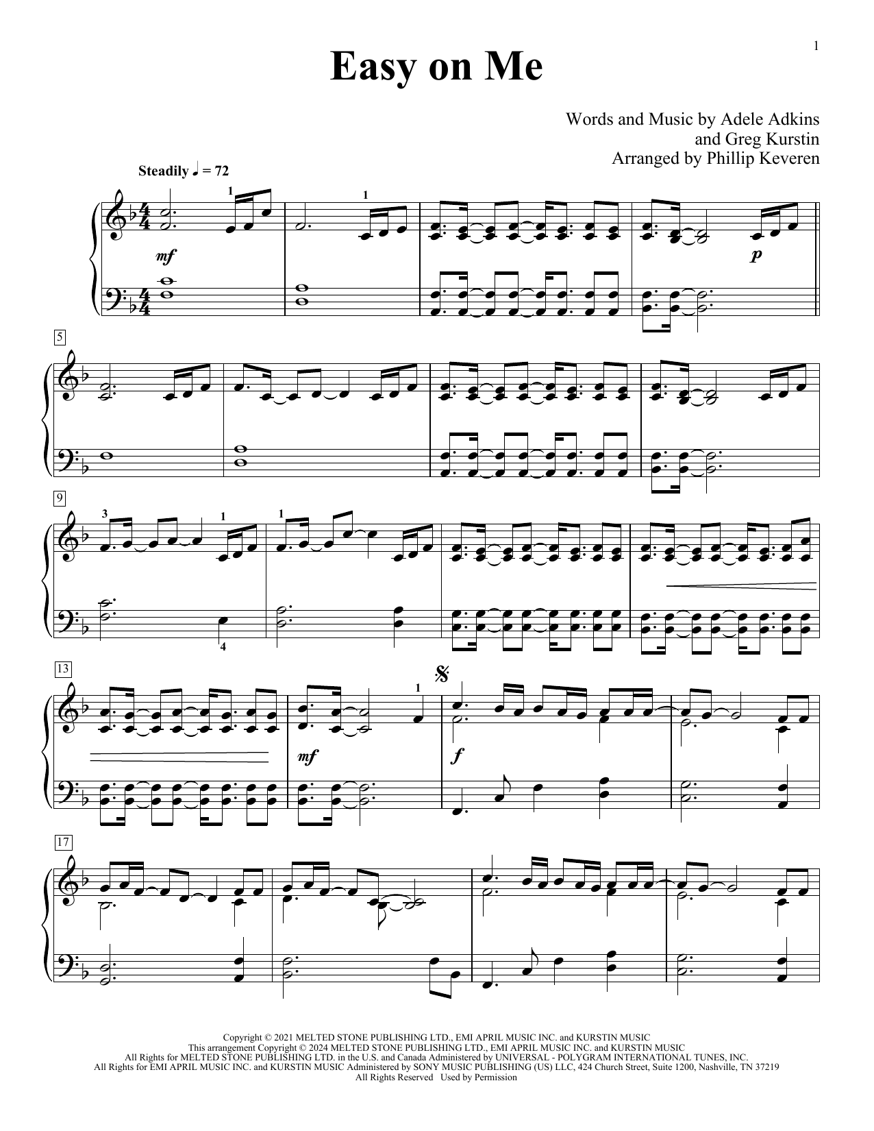 Adele Easy On Me (arr. Phillip Keveren) sheet music notes and chords arranged for Piano Solo