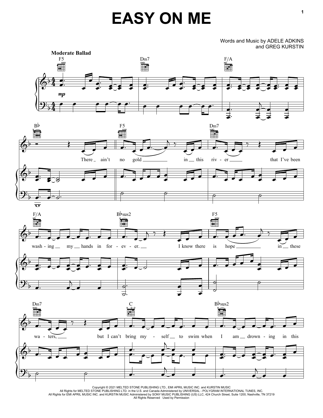 Adele Easy On Me sheet music notes and chords arranged for Big Note Piano