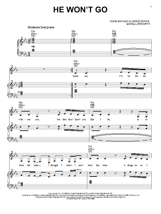Adele He Won't Go sheet music notes and chords arranged for Really Easy Piano