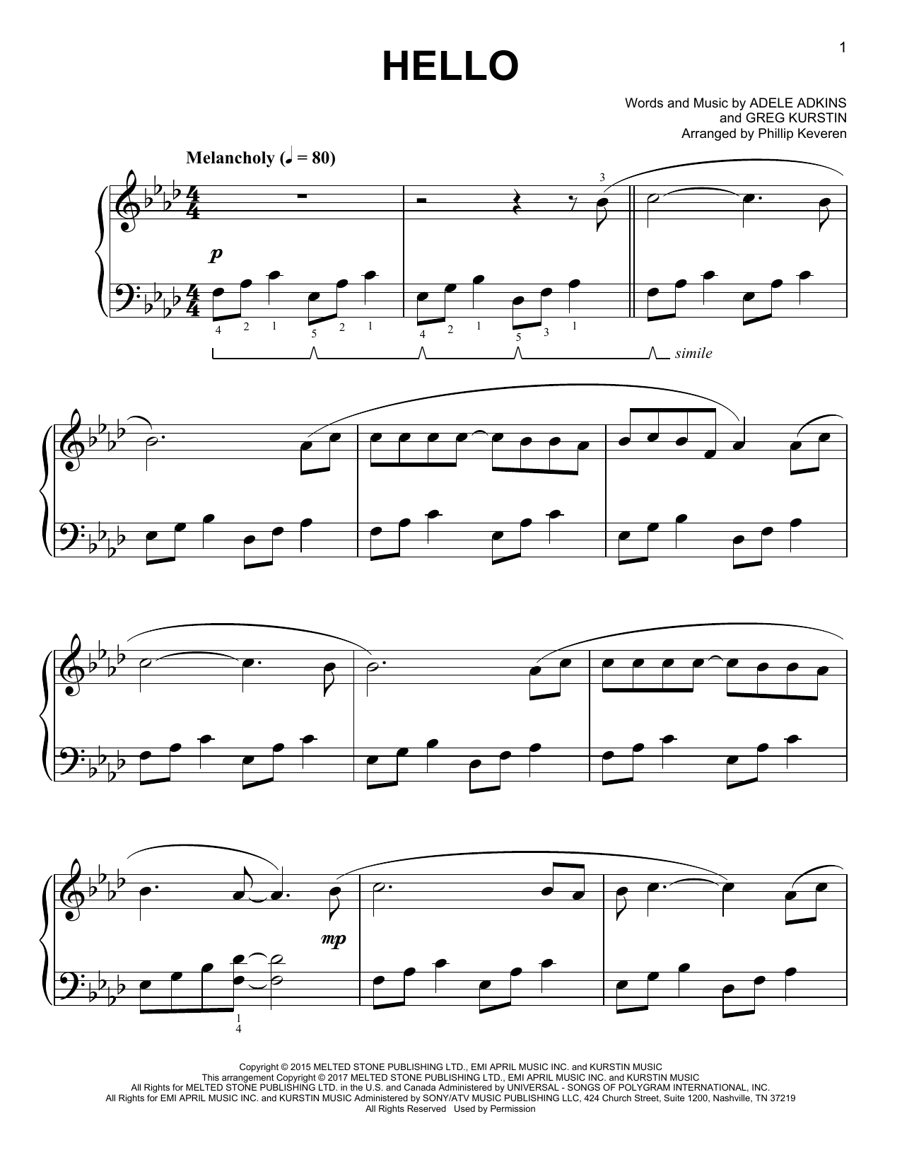 Adele Hello [Classical version] (arr. Phillip Keveren) sheet music notes and chords arranged for Easy Piano