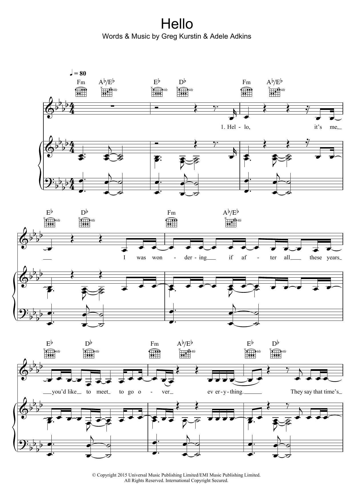 Adele Hello sheet music notes and chords arranged for Real Book – Melody, Lyrics & Chords