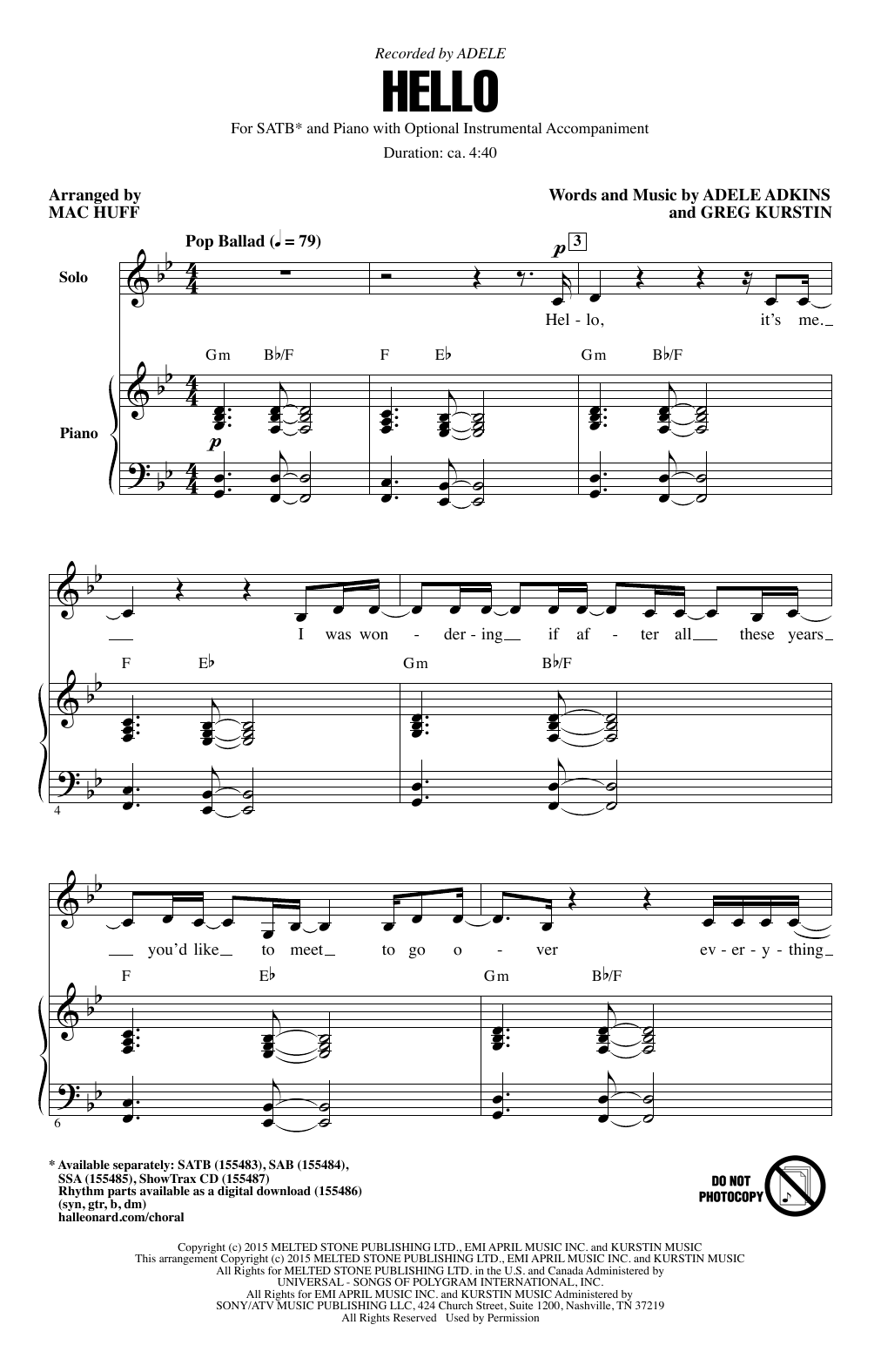 Adele Hello (arr. Mac Huff) sheet music notes and chords arranged for SATB Choir