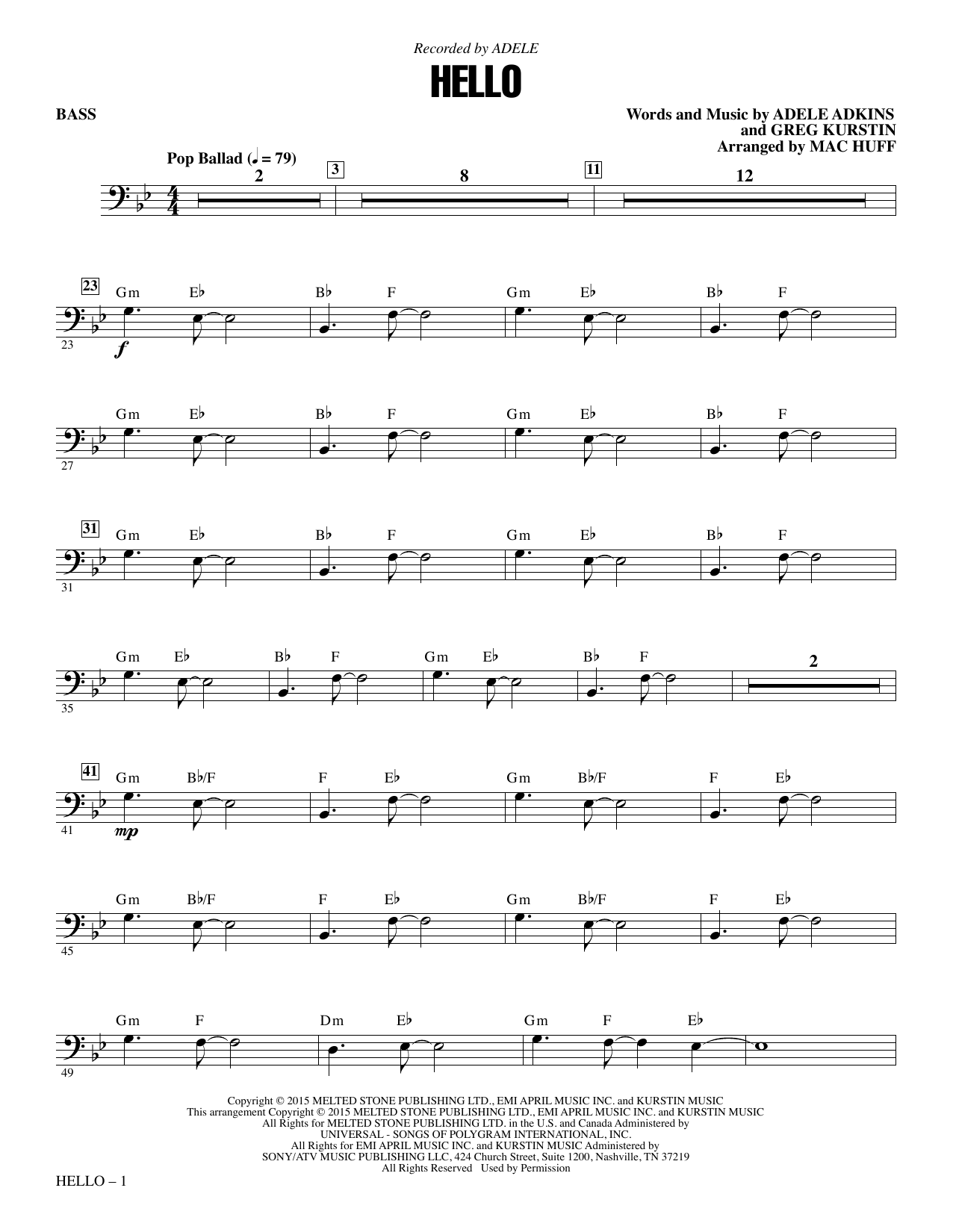 Adele Hello (arr. Mac Huff) - Bass sheet music notes and chords arranged for Choir Instrumental Pak