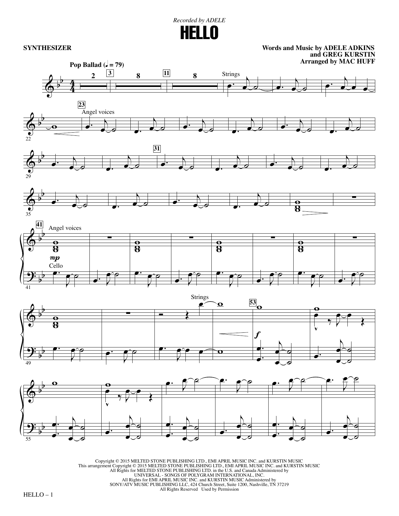 Adele Hello (arr. Mac Huff) - Synthesizer sheet music notes and chords arranged for Choir Instrumental Pak