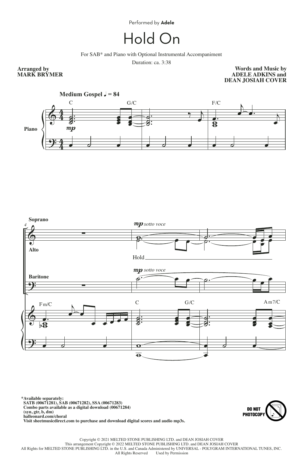 Adele Hold On (arr. Mark Brymer) sheet music notes and chords arranged for SSA Choir