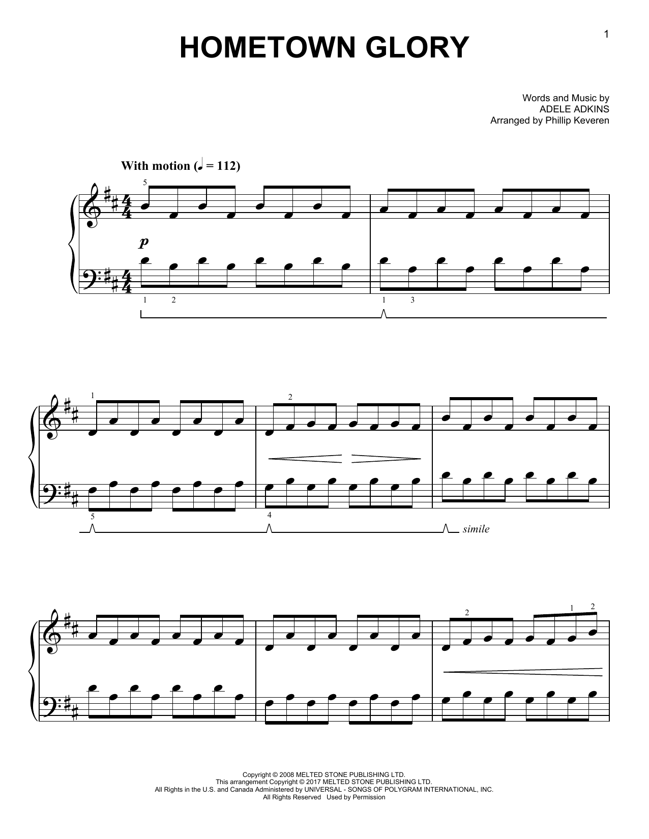 Adele Hometown Glory [Classical version] (arr. Phillip Keveren) sheet music notes and chords arranged for Easy Piano