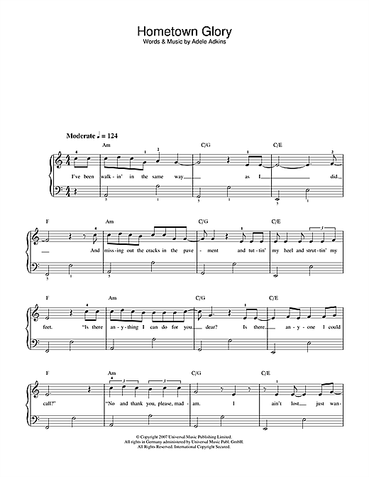 Adele Hometown Glory (Radio Edit) sheet music notes and chords arranged for Beginner Piano