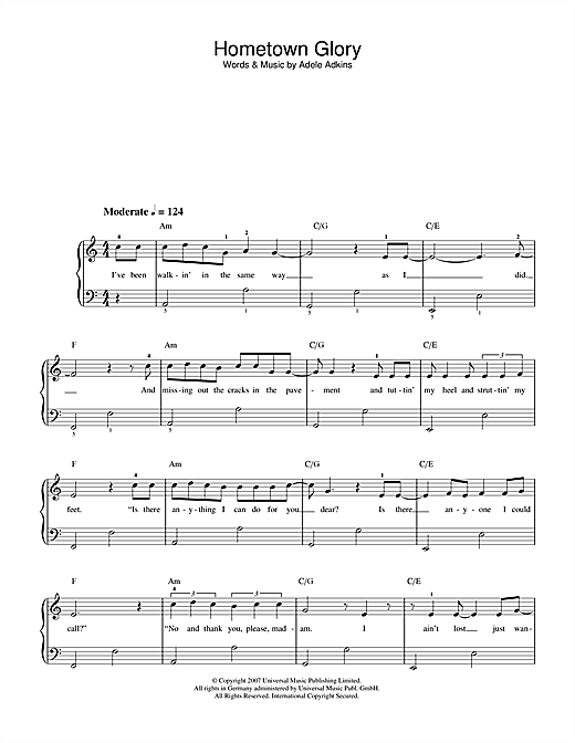 Adele Hometown Glory (Radio Edit) sheet music notes and chords arranged for Beginner Piano (Abridged)