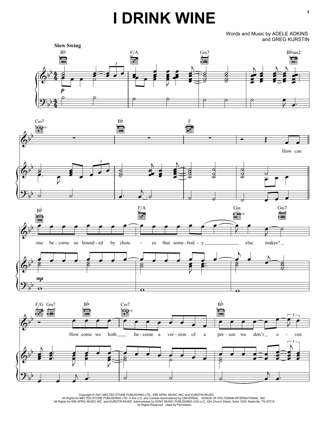 Adele I Drink Wine sheet music notes and chords arranged for Really Easy Piano
